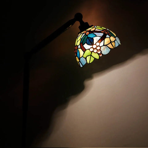 Amber Grape Stained Glass Tiffany Floor Lamp With Adjustable Swivel Arm 72 Inch Tall Reading Light 8 Inch Glass Shade Bronze Base