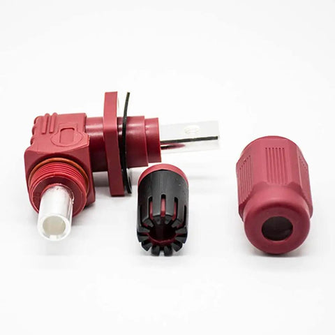 Pro Level Heavy Duty Right Angle Plug And Socket Connector For 8Mm 25Sq Mm Wiring Red IP65 Touchproof Busbar Lug assembly with caps.