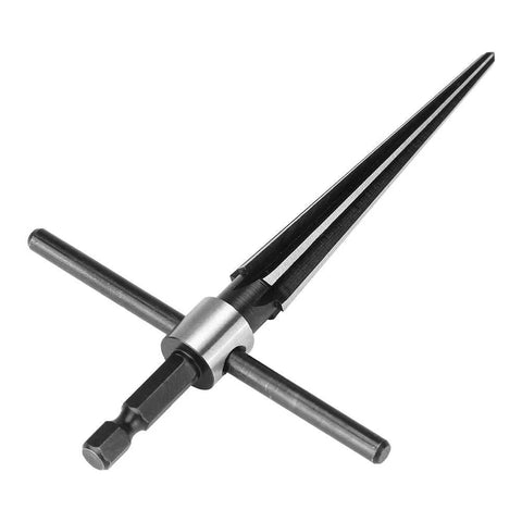 T-handle tapered reamer tool, side view, 1/4" hex shank, 3–13 mm 6-flute chamfer bit, 45# steel.