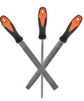 Heavy Duty Three Piece Wood Rasp File Set With Eight Inch Round Half Round And Flat Steel Files Featuring Soft Rubber Grip Handles
