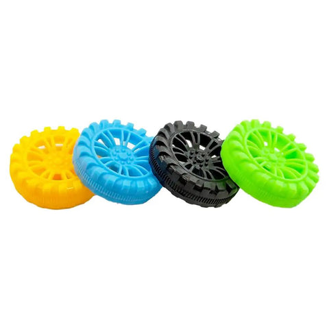 Four colorful plastic toy wheels from 40 Pack Plastic Toy Wheels With 2mm Shafts And 20 Metal Axles For RC Cars Boats Drones
