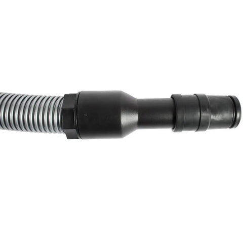 Hardcore Heavy Duty 30 Foot Shop Vac Hose With Crushproof Walls And Super Flexible Design For No Sweat Wet Dry Cleanup Including Plug And Play Power Tool Adapter Set Silver close-up of the hose end with connector.