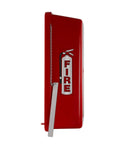 Straight Up Outdoor Fire Extinguisher Cabinet With Red Breaker Bar Mount, side view showing tough plastic shell and safety lock.