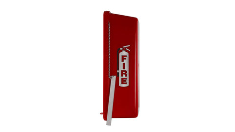 Straight Up Outdoor Fire Extinguisher Cabinet With Red Breaker Bar Mount, side view showing tough plastic shell and safety lock.
