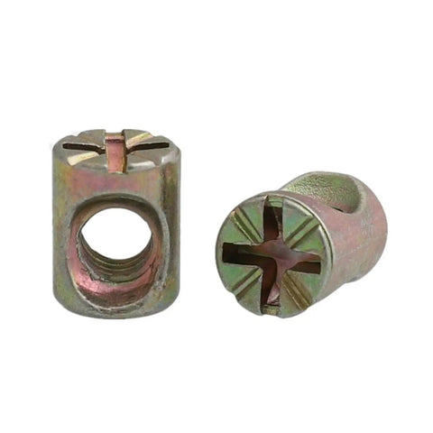 Slotted barrel cross dowel nuts, zinc plated, for strong connections. Part of Barrel Nuts Set For Furniture Building, 10 piece pack.