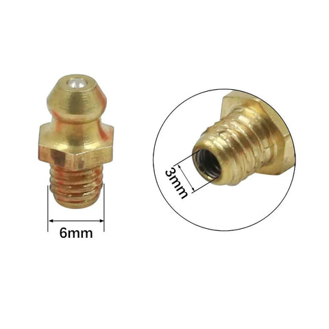 Close-up of Brass M6 grease fitting with hex head, thread size 6mm. Part of Brass M6 M8 M10 Thread Straight Grease Fittings Kit For Car 15 Piece Set.