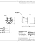 Technical drawing of a 100 Psi Pressure Sensor Transducer with 1/8 inch NPT, rugged stainless steel body, industrial grade design.