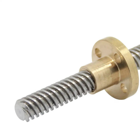 Stainless Steel T8 Lead Screw With Brass Nut For 3D Printers, 8Mm Diameter, 2Mm Pitch, 2Mm Lead, Trapezoidal Rod, close-up view.