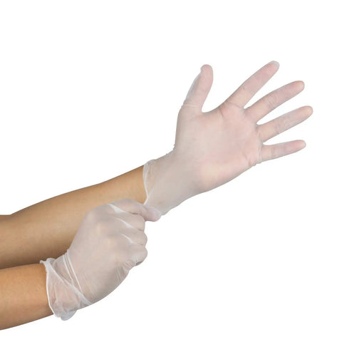 Hands wearing Large 1000 Count Clear Vinyl Disposable Gloves Powder Free Great Fit Tear Resistant Multi Purpose For Cooking