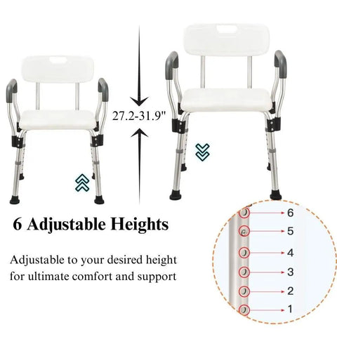 Foldable Shower Chair With Arms And Back, Heavy Duty 330 Lb Capacity, Adjustable Height 27.2 To 31.9 Inches, White Aluminum Alloy