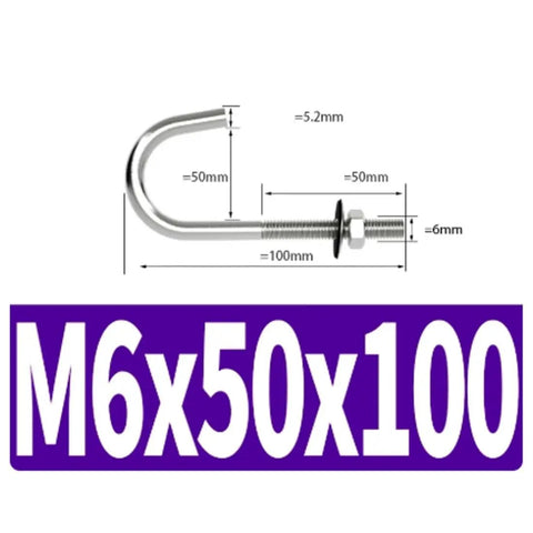 J-Bolt Kit 304 Stainless Steel 5 Pack With Nuts And Washers M6 Sizes 60mm 70mm 75mm 100mm 140mm 150mm diagram