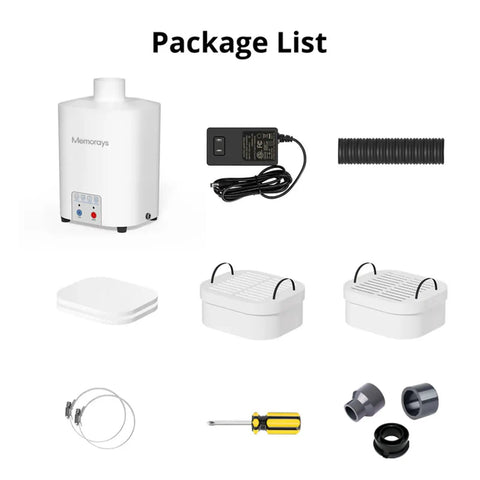 Package list for Kick Nasty Fumes To The Curb With Pro Grade Compact Fume Extractor includes hoses, filters, and power supply.