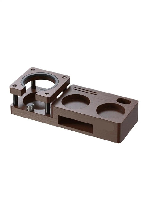 Smooth Operator Wood Espresso Tamper Station fits 51 and 58 mm baskets, solid wood design with non-slip base for easy use.