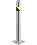 Rock Solid Surface Mount Safety Bollard Standing 36 Inches High Packed With Genuine Type 304 Stainless Steel To Stop Reckless Drivers And Protect Doorways with yellow caution stripe.