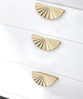 Semicircle Sunflower Cabinet Pulls In Brushed Gold Finish 6 Pack Durable Zinc Alloy Drawer Handles Knobs For Kitchen And Bathroom Cabinets Half Round Design With Screws Finger Edge Pulls 2.5 Inch Hole Center Elegant Warm High Quality installed on white cabinet.