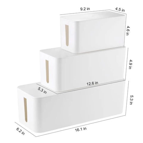 Triple Pack Wooden Grain Cable Management Boxes Set With 18-Piece Cable Management Kit Large Medium Small White Finish stacked view