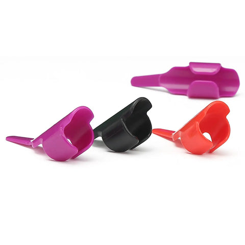 Sewing Finger Guards Pack Of 3 Soft Breathable Finger Sleeves in purple, black, red plastic shown from side angle