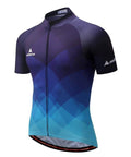 Front view of a blue and black cycling jersey with gradient geometric pattern.