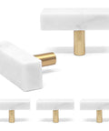 Sweet Finish T-Shaped Marble Cabinet Knobs With Brushed Brass Base, Sharp Drawer Pulls For Kitchen Cabinets Bedroom Dressers, Solid White Stone Handles No Sweat Home Upgrade - White marble T-shaped cabinet knobs with brass base.