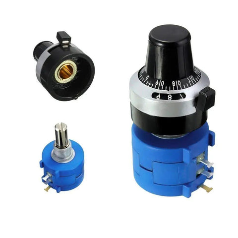 10K Ohm 2W Wirewound Multi Turn Potentiometer With 10 Turn Dial Counting Rotary Knob 6mm Shaft, components shown front and side view.