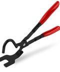 Exhaust hanger removal tool with 25° offset, red non-slip handles and black metal jaws.