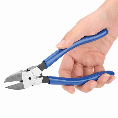 Hand holding Diagonal Pliers For Cable Cutting And Wire Nipping, Chrome Steel TU 728, Compact Ergonomic Handle, Portable Tool For DIYers, Electricians, And Pros, Smooth Clean Cuts On All Kinds Of Cables.