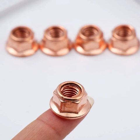 Heavy Duty 12 Pack M8 Hex Nuts For Exhaust Manifold Copper Flashed Engine Hardware High Heat Resistant Fastener Kit image showing a single nut held on a finger