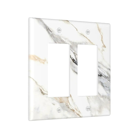 Modern Abstract Wall Switch Covers With Hella Sleek Gray And Gold Marble Finish On Super Solid Plastic 2 Gang Double Rocker Faceplates For Bathroom Or Kitchen Makeover Featuring Dope Floral Graffiti Detail, showing glossy gray and gold marble finish.