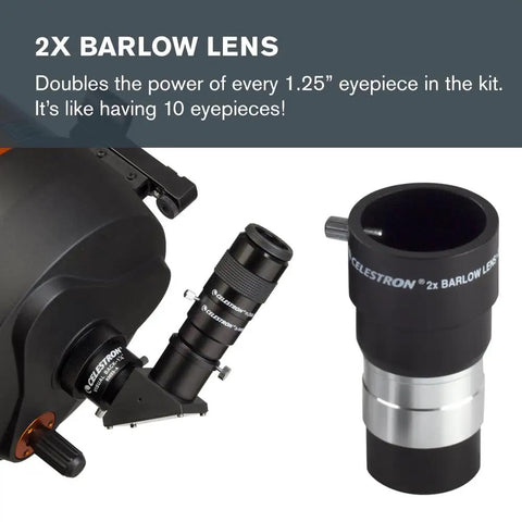 All-In-One Telescope Accessory Kit with 2x Barlow Lens attached to telescope, enhancing 1.25-inch eyepieces for star gazing.