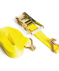 Beefy Heavy Duty 2 Inch Ratchet Straps 25 Foot With J Hooks Cargo Tie Down Straps For Truck Trailer Moving Appliances 10,000 Lbs Break Strength 3,333 Lbs Safe Working Load 4 Pack shown in rolled yellow with metal hooks.