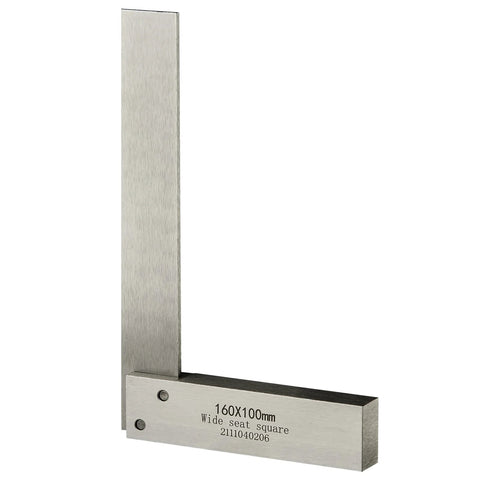 Hardened steel machinist square with wide base; 160x100mm right-angle ruler, silver.