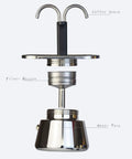 Stovetop Espresso Maker Real Deal Silver Stainless Steel Two Cup Italian Brew Pot With Dual Spout Handle parts showing coffee spout, filter basket, and water tank.