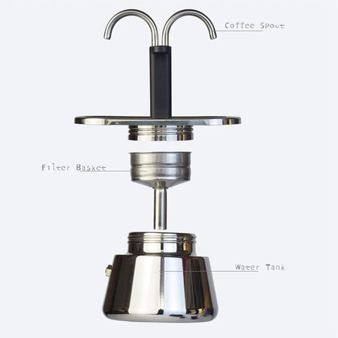 Stovetop Espresso Maker Real Deal Silver Stainless Steel Two Cup Italian Brew Pot With Dual Spout Handle parts showing coffee spout, filter basket, and water tank.