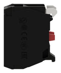 Side view of Harmony XB4 Single Contact Block For Industrial Machines And Control Panels 1NC Screw Clamp Terminal Silver Alloy.