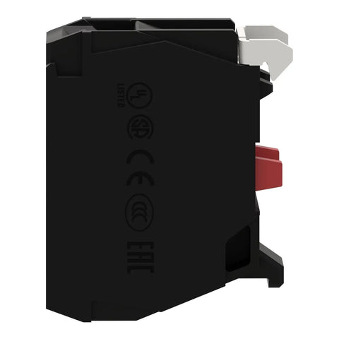 Side view of Harmony XB4 Single Contact Block For Industrial Machines And Control Panels 1NC Screw Clamp Terminal Silver Alloy.