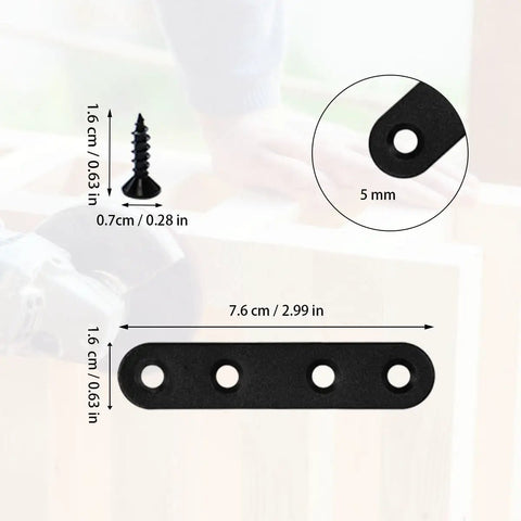 12 Piece Premium Steel Heavy Duty Black Straight Corner Braces With Matching Screws For Rock Solid Furniture Repair And No Fuss Diy Assembly Build, showing a single brace size 2.99x0.63in with screws.