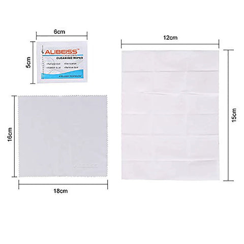 ALIBEISS pre-moistened lens wipes for glasses and screens; includes small 6×5 cm sachet, 16×18 cm wipe, and 12×15 cm sheet.