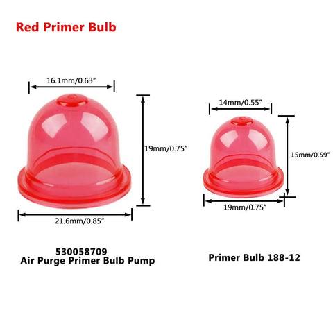 Red primer bulb set with dimensions for Four Foot Fuel Line Kit For Small Engine Chainsaws Blowers Trimmers And Weedeaters Includes Multiple I D And O D Sizes Primer Bulb White Fuel Filter Replacement Fuel Hoses For Poulan Craftsman Husqvarna Stihl Echo Ryobi