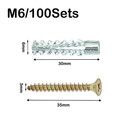 Beefy Self Drilling Metal Serrated Expansion Screws Set For Concrete Walls And Fasteners Kit M6 100 Sets with dimensions