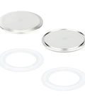 Set of 4: 3-inch stainless steel sanitary end caps with white silicone gaskets for Tri-Clamp fittings.