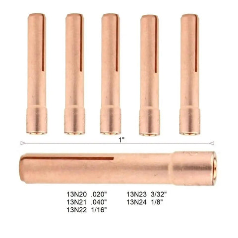 Premium Copper TIG Collet .040 Inch Set of Five Pieces for TIG Torch Models 9, 20, and 25, showing copper collet design.
