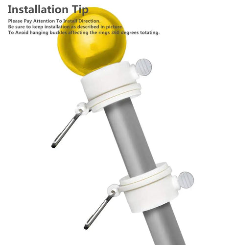 Ditch The Tangle Knot To The Curb With This Slick 360 Rotating Flag Pole Mounting Ring Clip showing installation tips on a silver flag pole.