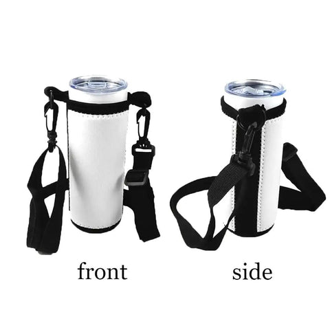 Front and side view of Ten Pack Neoprene Water Bottle Carrier Sleeves For Heat Press Sublimation Tumbler Cup Carrier Pouch