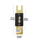Premium Quality Heavy Duty 200 Amp ANL Fuse Gold Plated 32 Volt Circuit Protection For Car Audio Radio Stereo System Top Shelf 4 Pack dimensions shown.