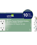Box of Decora Style 20 Amp 125 Volt White Tamper Resistant Outlets 10 Pack with one outlet visible beside it.