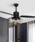Modern Black Ceiling Fan Integrated With Glass Lamp And Remote Control Sleek Design Adds Sick Style To Any Room Great For Living Room Or Bedroom Chill Aesthetic Glow with three glass bulbs and wooden blades.