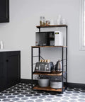 Solid Build Four Tier Wooden Storage Rack and Bakery Shelf for Your Kitchen or Living Room Featuring Rustic Industrial Charm Heavy Duty Microwave Oven Stand with No Sweat Assembly and Hella Tough Waterproof Finish in a modern kitchen with microwave and cookware.
