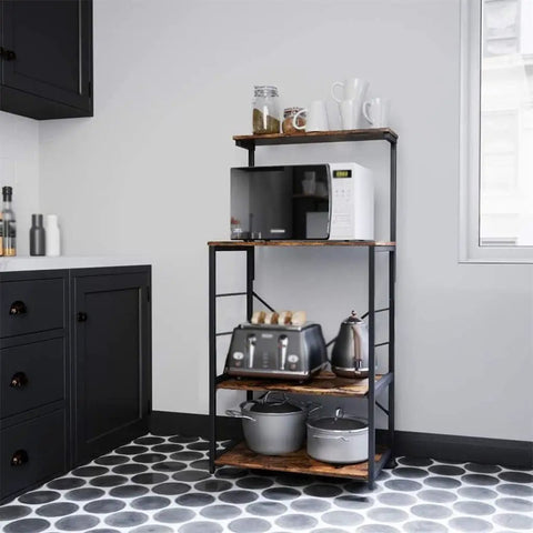 Solid Build Four Tier Wooden Storage Rack and Bakery Shelf for Your Kitchen or Living Room Featuring Rustic Industrial Charm Heavy Duty Microwave Oven Stand with No Sweat Assembly and Hella Tough Waterproof Finish in a modern kitchen with microwave and cookware.