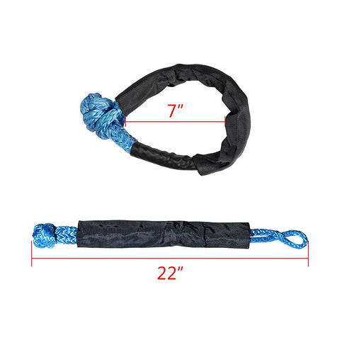 4 Pack Synthetic Soft Shackle Ropes 1/2 Inch With Protective Sleeve And Aluminum Recovery Rings Blue Heavy Duty Off Road Recovery Gear Kit For ATV UTV SUV Truck Marine Farming Industrial 41,000 Lbs Break Strength showing rope dimensions.