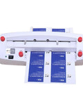 No Sweat Electric Business Card Cutter Machine With Hassle Free Automatic Nine Blade Trimming And Precision Chamfering Finish Includes Fifty Premium Matte Cards, showing cards being cut.